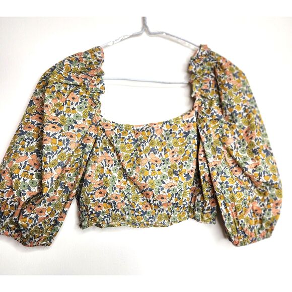Blush J Floral Puffy Sleeve Top NWT 1/2 Sleeves Milkmaid Crop Blouse Cotton Med. - Picture 1 of 7